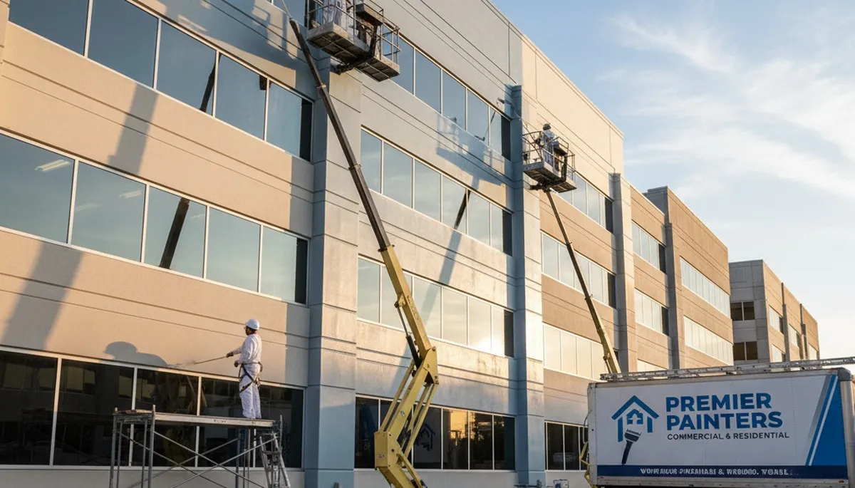 Professional commercial painters working on an office exterior in Salt Lake City, UT