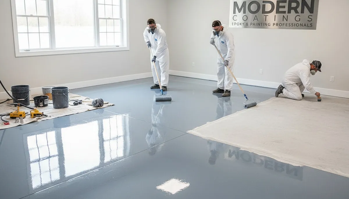 Epoxy floor coating in Salt Lake City UT garage with durable, chemical-resistant finish by local painters
