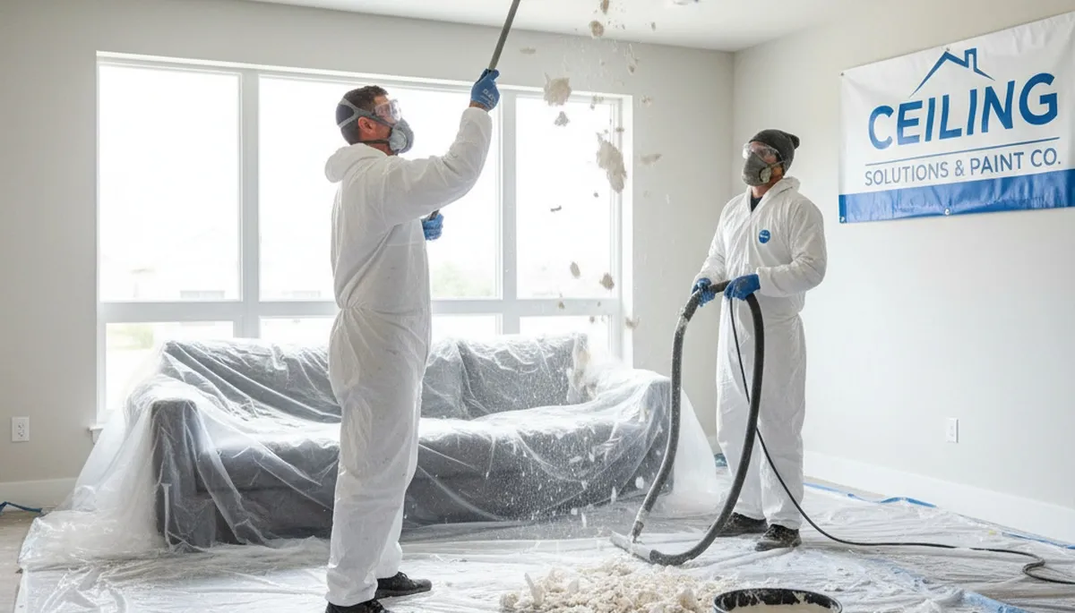 Technician removing popcorn ceiling in Salt Lake City UT home for smooth modern paint finish