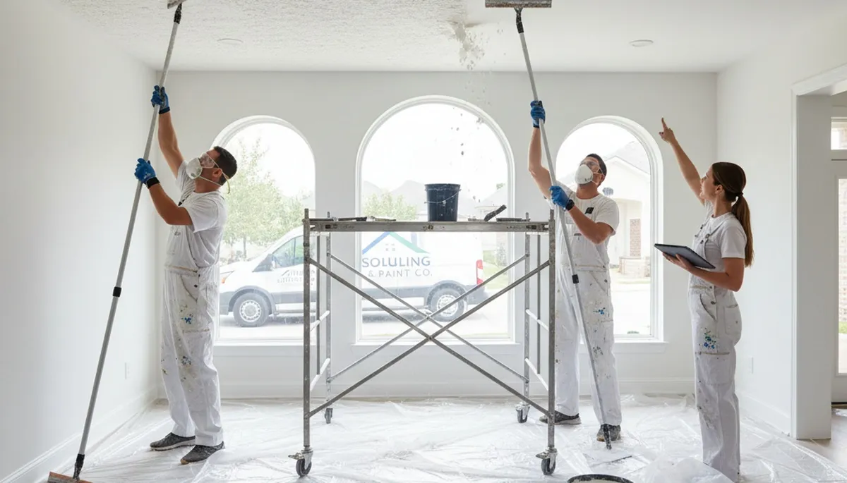 Painter removing popcorn ceiling in Salt Lake City UT home during professional ceiling resurfacing