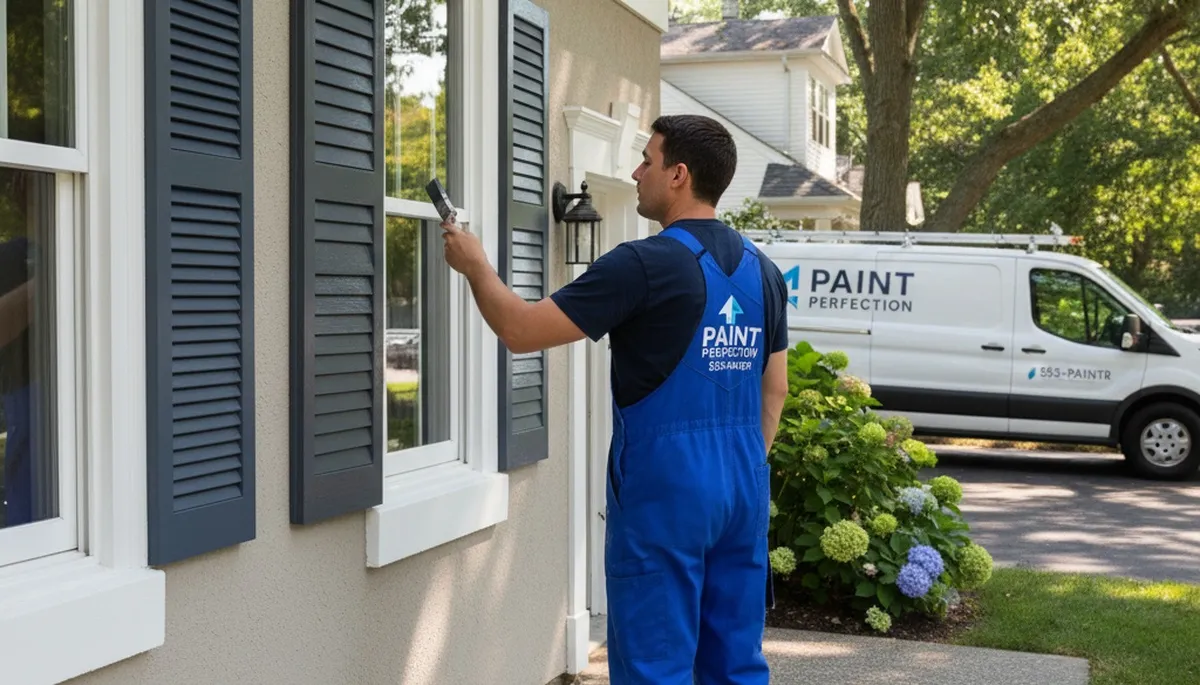 Professional painters refinishing exterior shutters in Salt Lake City, UT home