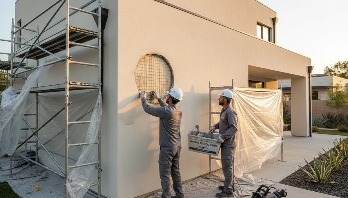 Professional stucco repair on Salt Lake City home exterior, restoring cracks and surface before painting