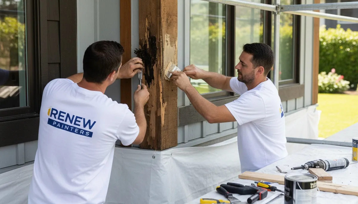 Professional wood rot repair on Salt Lake City home exterior by expert house painters